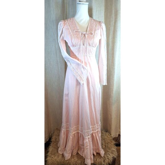 70's Pink Corset Dress Vintage Homemade Prairie Style Long Sleeve Maxi - Picture 3 of 13
